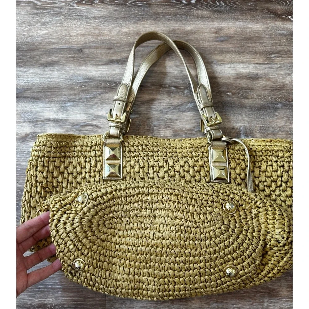 Michael Kors Woven Straw Purse Tote Gold Tone Fob Footed Shoulder Bag